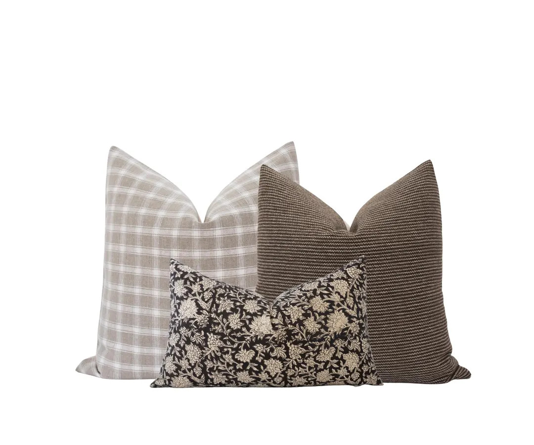 Neutral Brown Pillow Cover Set, Moody Pillow Combo, Block Print Pillow Set, Gingham Pillow Set, T... | Etsy (US)