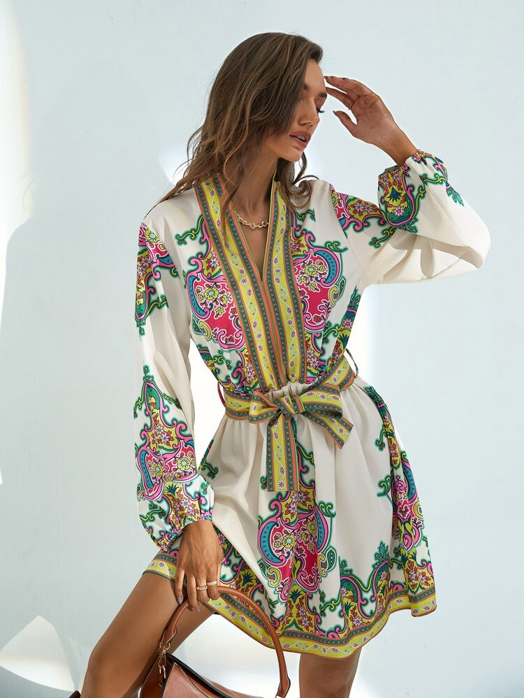 Floral Print Lantern Sleeve Belted Dress | SHEIN