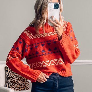 Women&#39;s Mock Turtleneck Pullover Sweater - Universal Thread&#8482; Red Fair Isle S | Target