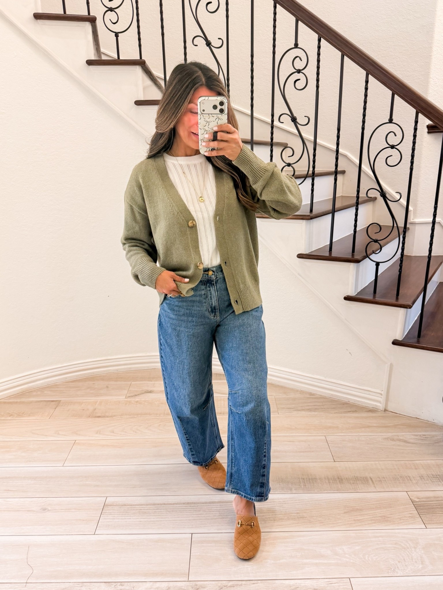 I’m 5’2” 118#ish for reference 
Shirt in size Small. 
Cardigan in size Small. 
Barrel jeans in size 2.
Gucci looks for less shoes fit tts

Fall outfit, fall fashion for women over 50, over 50 style, midlife fashion, petite fashion,midlife women, affordable fashion, fashion over40