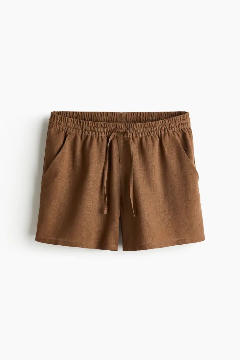 Linen-blend Pull-on Shorts - Regular waist - Short - Brown - Ladies | H&M US | H&M (US + CA)