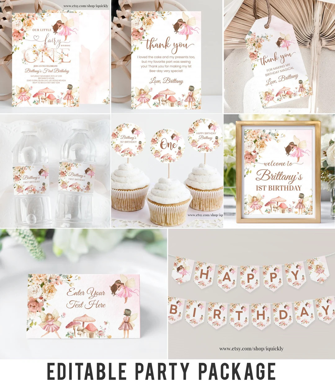 Editable Fairy Party Decorations Girl Garden floral Party Package Birthday Invitations Bundle Tem... | Etsy (US)