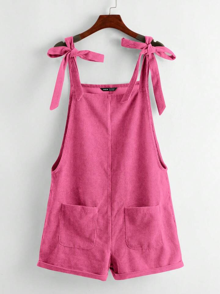 SHEIN EZwear Knot Shoulder Patch Pocket Roll Hem Overall Romper | SHEIN