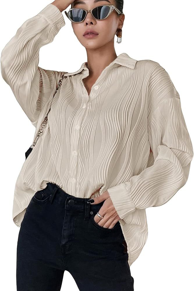 MakeMeChic Women's Textured Button Down Blouse Long Sleeve Button Up Shirt | Amazon (US)