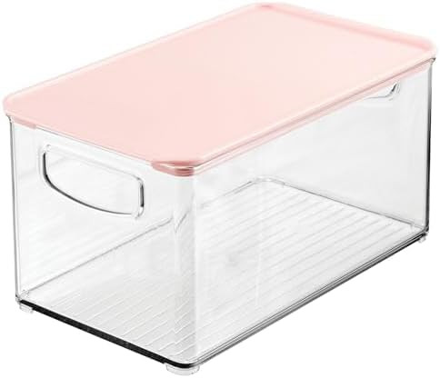 mDesign Deep Plastic Bathroom Storage Bin Box, Lid/Built-in Handles, Organization for Makeup, Hair Styling Tools, Toiletry Accessories in Cabinet, Shelves, Ligne Collection, 2 Pack, Clear/Pink | Amazon (US)