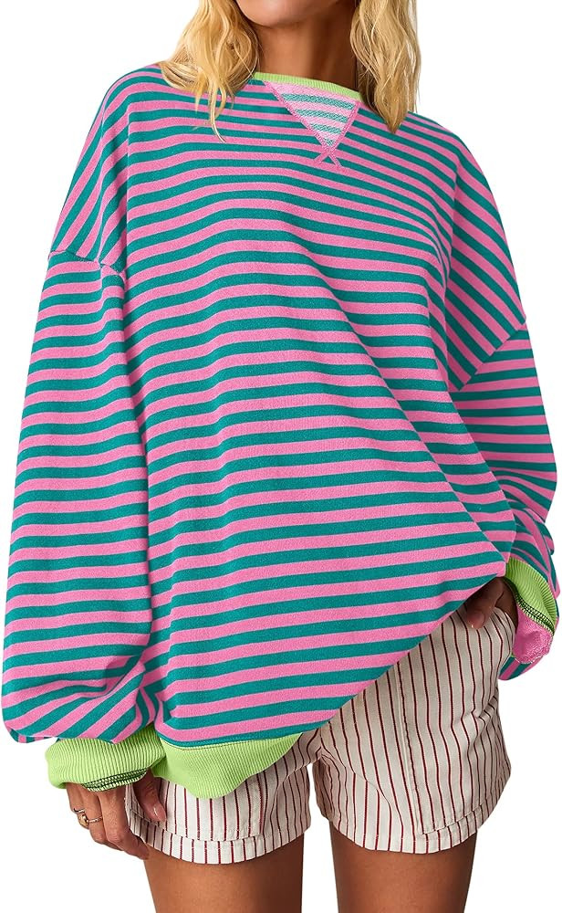 ANRABESS Women Striped Oversized Sweatshirt Crewneck Long Sleeve Shirts Hoodies 2025 Summer Fashi... | Amazon (US)