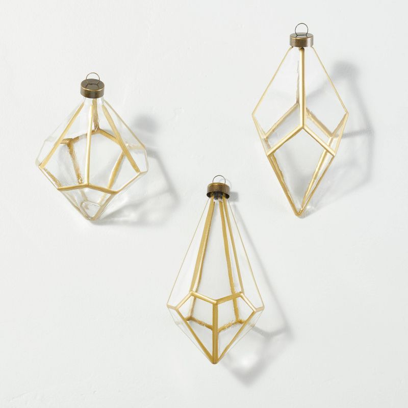 Geometric Bulb Christmas Tree Ornament Set 3pc Clear/Brass Finish - Hearth &#38; Hand&#8482; with... | Target