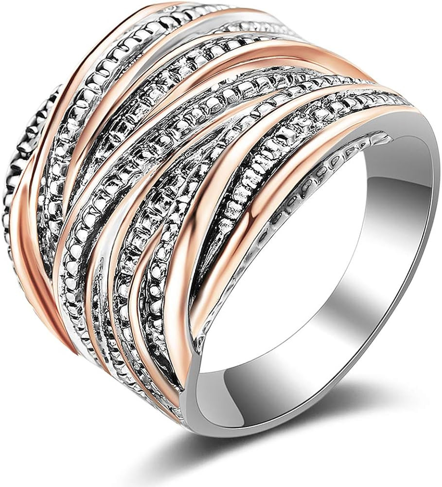 2 Tone Intertwined Crossover Statement Ring Fashion Chunky Band Rings for Women Black Gold Silver... | Amazon (US)