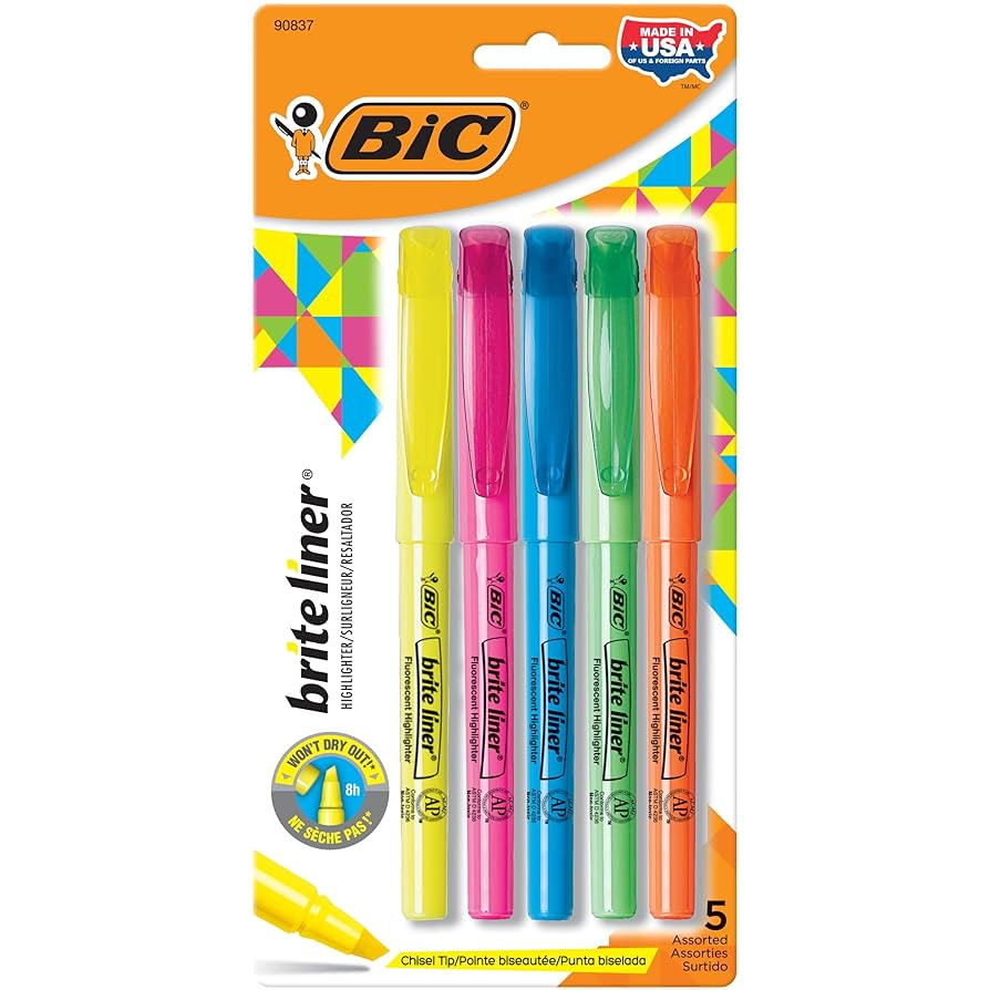 BIC Brite Liner Highlighters, Chisel Tip, 5-Count Pack of Highlighters Assorted Colors, Ideal Hig... | Amazon (US)