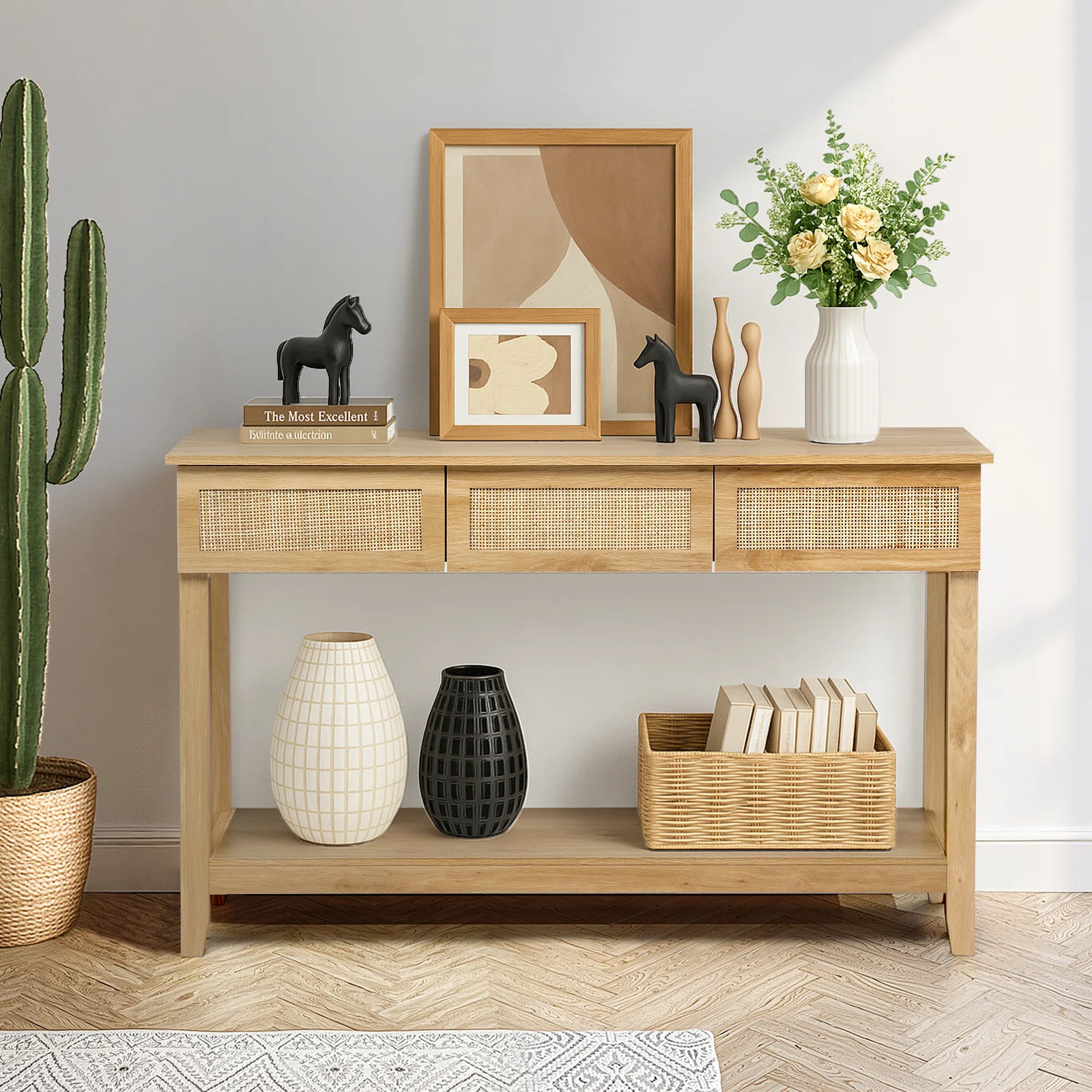 Bohemian Style Rattan-surfaced Natural Wooden Entryway Table Narrow and Long Sofa Side Table Hall... | Wayfair North America