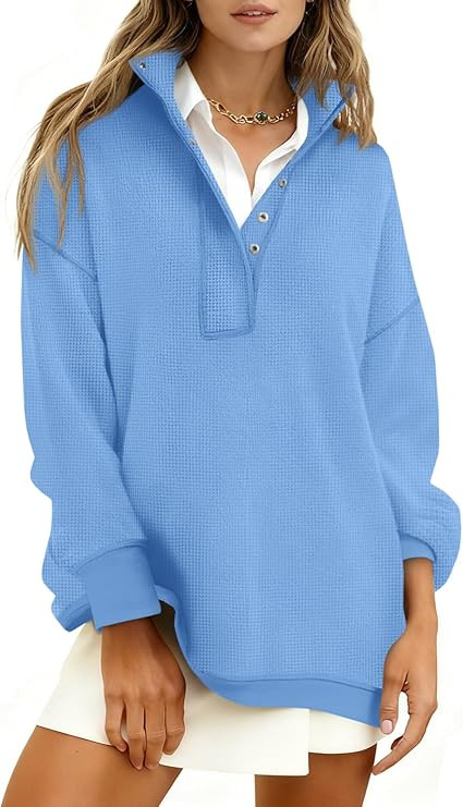 Fisoew Womens Waffle Knit Oversized Sweatshirt Casual Snap Stand Collar Long Sleeve Pullover Tops... | Amazon (US)