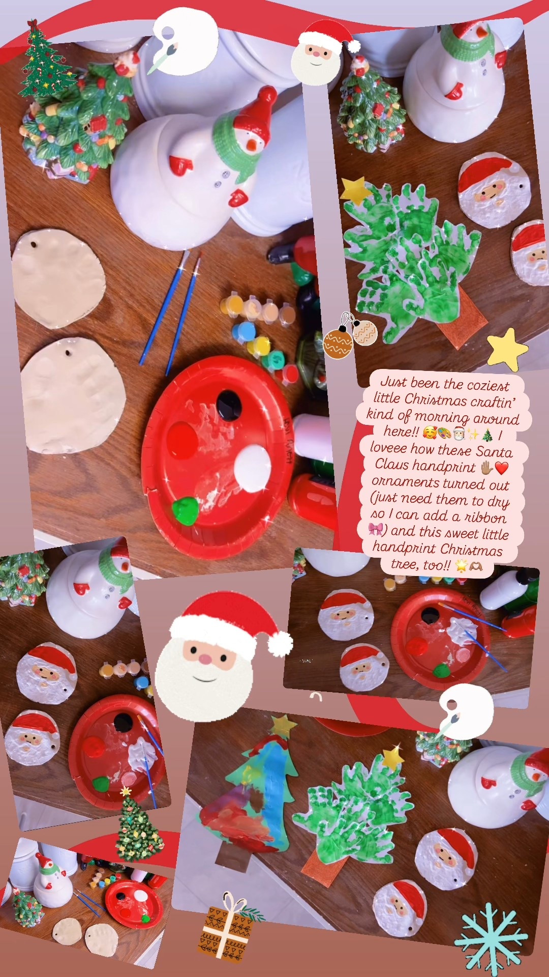Just been the coziest little Christmas craftin’ kind of morning around here!! 🥰🎨🎅🏻✨🎄 I loveee how these Santa Claus handprint ✋🏽❤️ ornaments turned out (just need them to dry so I can add a ribbon 🎀) and this sweet little handprint Christmas tree, too!! 🌟🫶🏽
