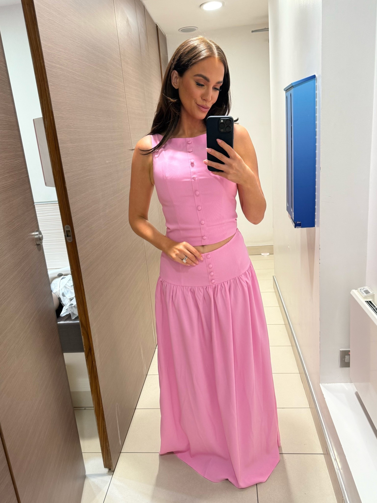 Pink maxi skirt co-ord with button detail. 

#LTKuk #LTKsummer #LTKworkwear