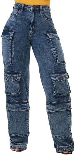Cargo Jeans for Women Casual Straight Wide Leg Denim Pants Streetwear Y2K Mid Rise Baggy Jeans(21Blue,X-Large) | Amazon (US)