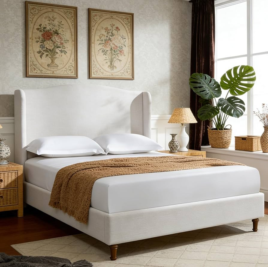 Upholstered Platform Wingback Bed Frame with 54" High Headboard, Solid Walnut Wood Feet, Sturdy M... | Amazon (US)