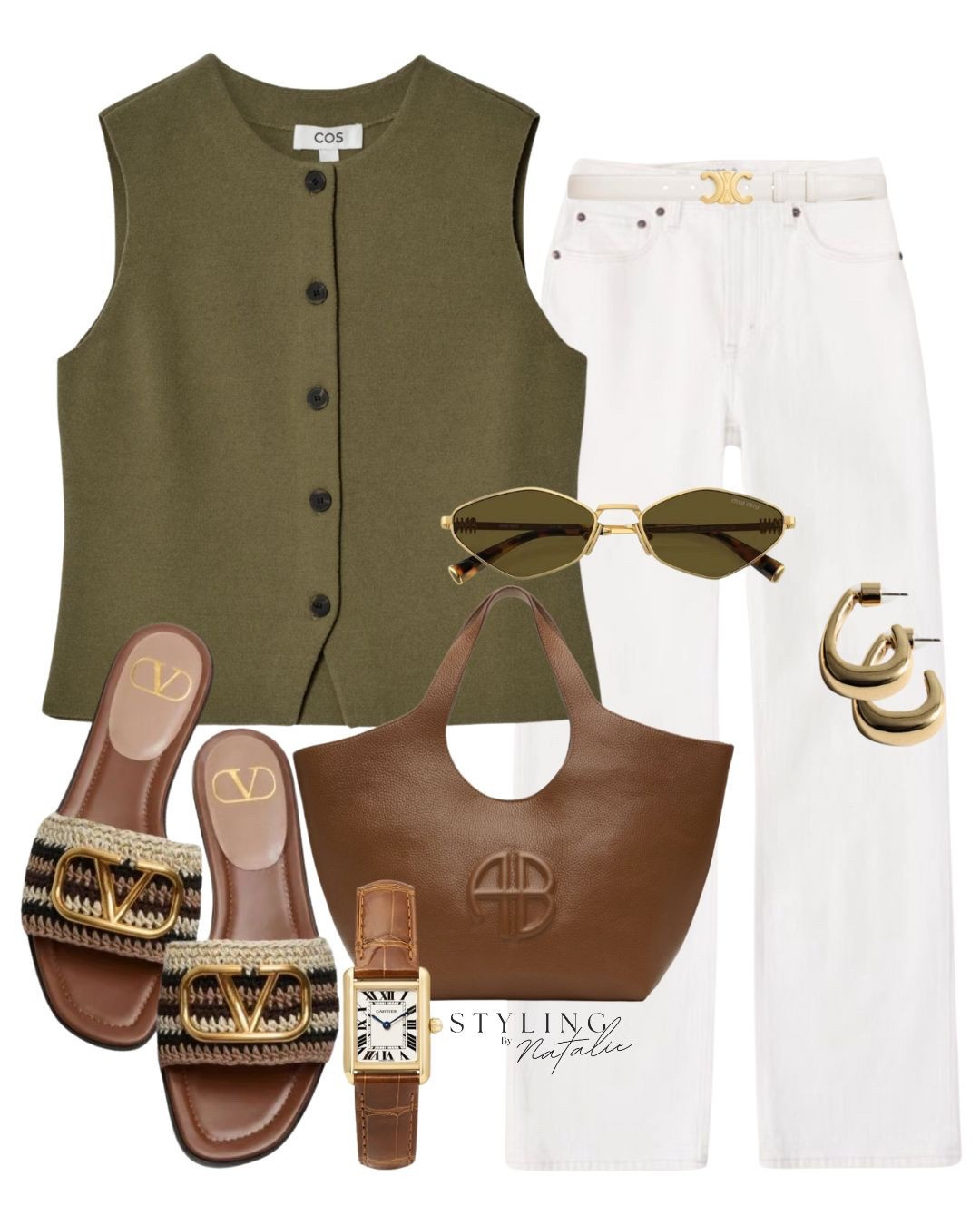 Spring summer look- khaki knitted waistcoat, white jeans, Anine Bing tote bag, Valentino crochet slides, gold earrings & Miu Miu sunglasses. Bank holiday look, casual chic, summer outfit, 

#LTKuk #LTKsummer #LTKeurope