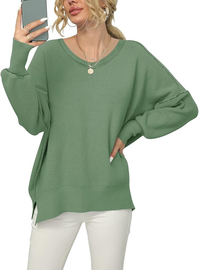 ANRABESS Women's Fall V Neck Dolman Long Sleeve Side Split Knit Sweater Casual Pullover Tops 428-... | Amazon (US)