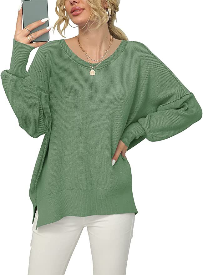 ANRABESS Women's Fall V Neck Dolman Long Sleeve Side Split Knit Sweater Casual Pullover Tops 428-... | Amazon (US)