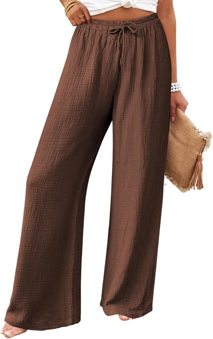 miduo Womens Cotton Drawstring Elastic High Waist Palazzo Pants Wide Leg Pants Casual Lounge Pant... | Amazon (US)