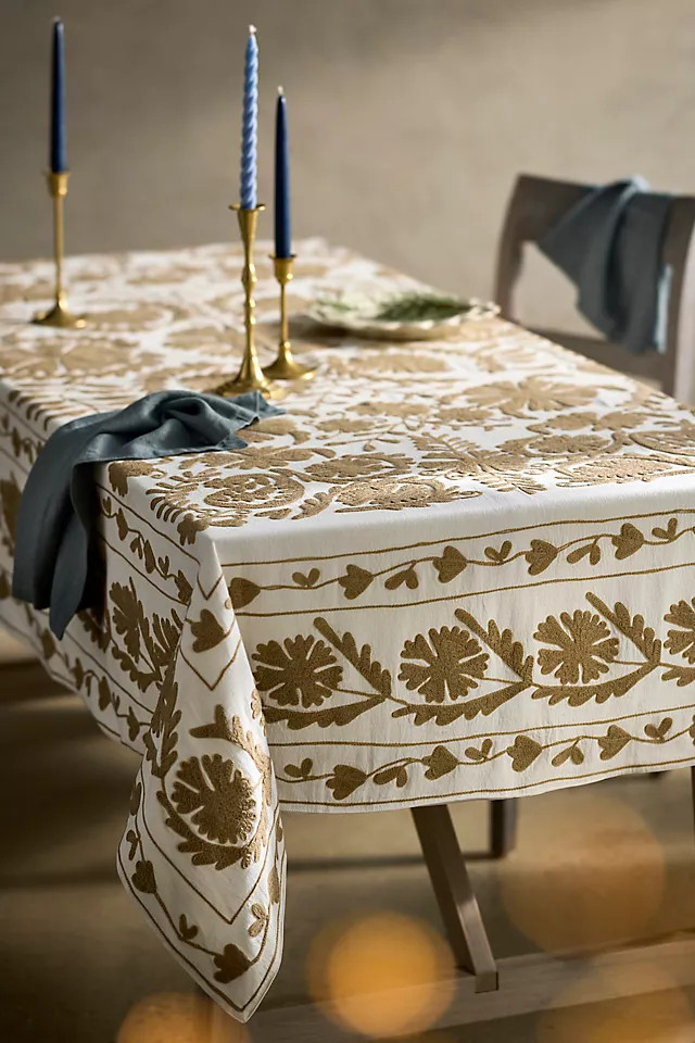 Crewel Stitch Cotton Tablecloth, White | Anthropologie (US)