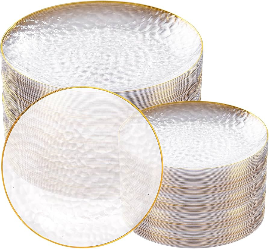 Rubtlamp 100Pcs Clear Gold Plastic Plates, Disposable Plates With Gold Rim, Heavy-duty Party Plat... | Amazon (US)