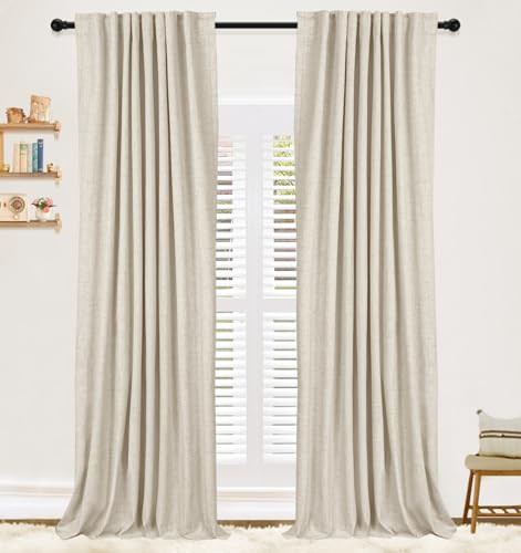 100% Blackout Shield Linen Blackout Curtains 84 inches Long 2 Panels Set, Back Tab/Rod Pocket Thermal Insulated Black Out Curtains for Bedroom/Living Room, 52" W x 84" L, Cream | Amazon (US)