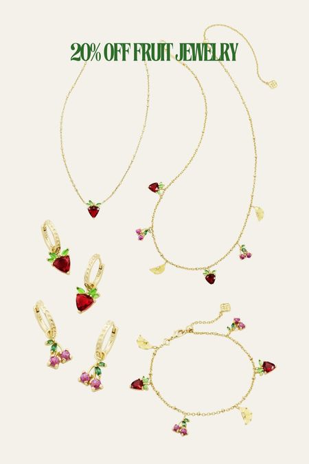 20% off now - Cutest new summer jewelry from Kendra Scott!! Love the bracelet and matching fruit earrings + necklace 🍒🍓🤩 

#summerjewelry #kendrascott #fruit