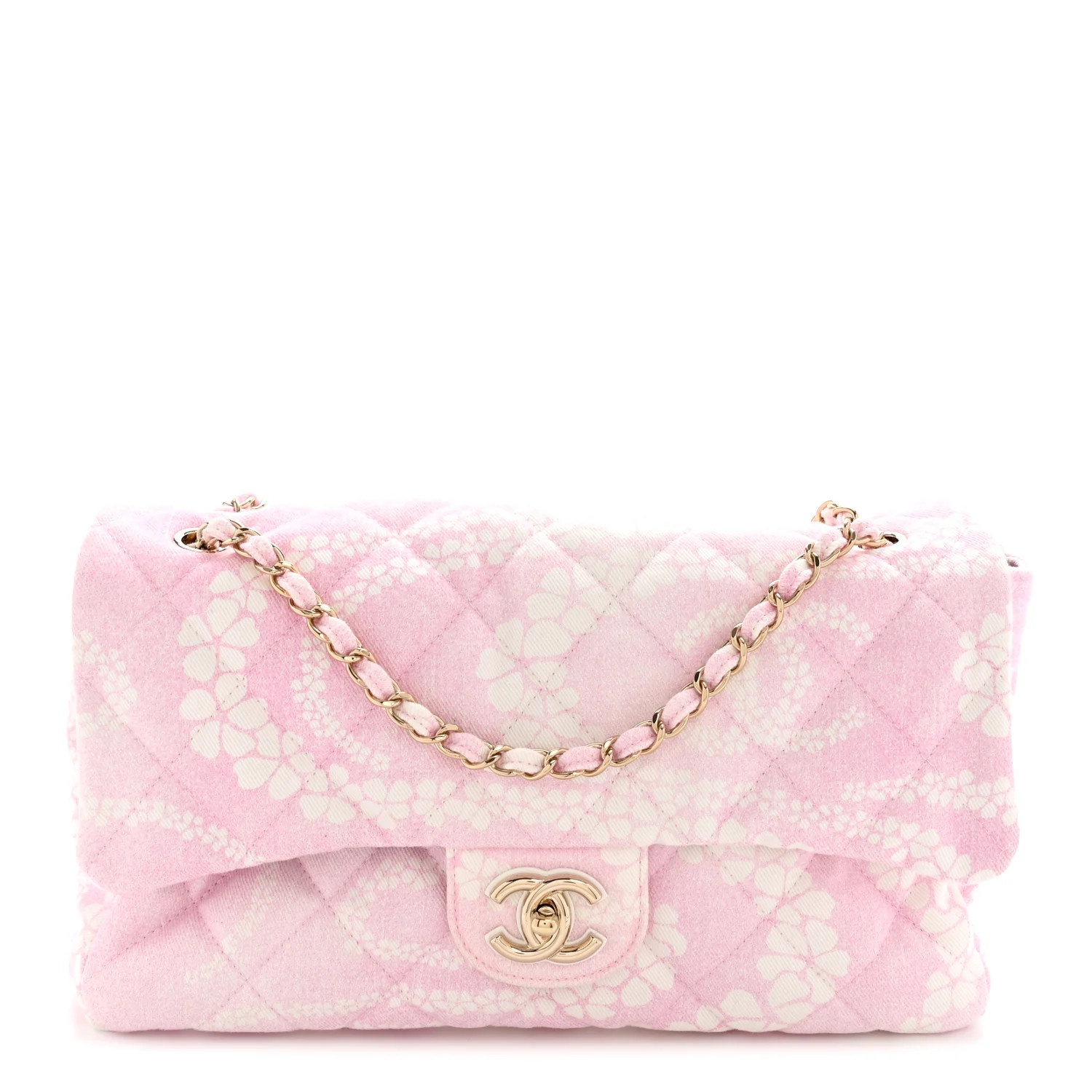 Printed Denim Quilted Medium Single Flap Bag Pink White | FASHIONPHILE (US)