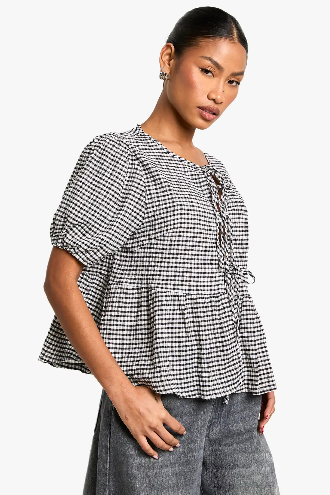 Black Gingham Tie Front Puff Sleeve Smock Top | Boohoo USA | boohoo (US & Canada)