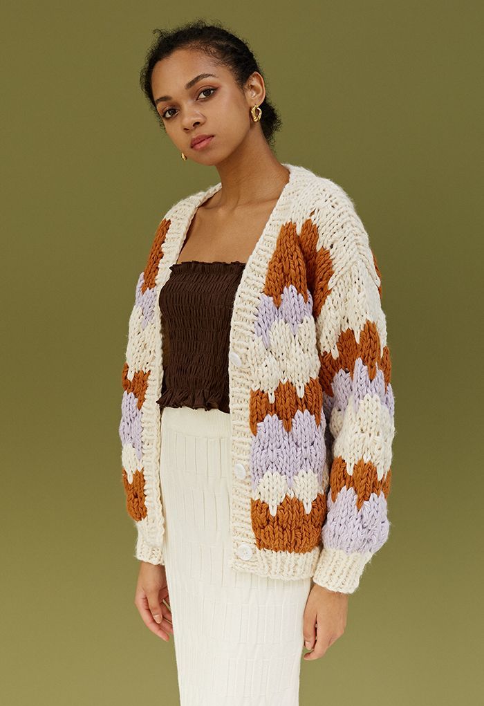 Color Blocked V-Neck Hand-Knit Chunky Cardigan in Cream | Chicwish