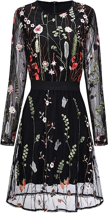 Women's Semi Formal Round Neck Tunic Party Dresses,Holiday Floral Embroidered Dress for Wedding G... | Amazon (US)