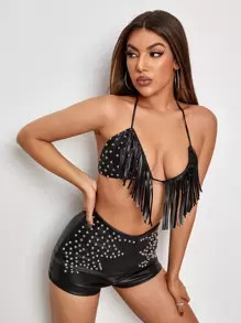 SHEIN ICON Tie Backless Studded Detail Fringe Crop Halter Top & Shorts Set SKU: swtwop07210316545... | SHEIN