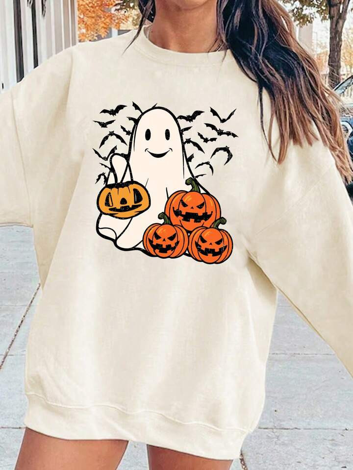 SHEIN EZwear Halloween Ghost Print Sweatshirt, Women's Halloween Blouse, Halloween Party Shirt, A... | SHEIN