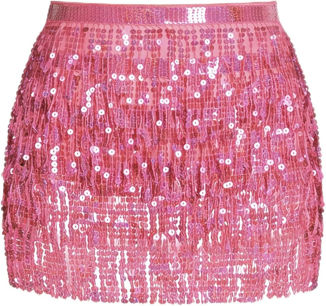MOLFUJ Women's Sequin Tassel Skirt, Sparkly Fringe Skirt for Women, Glitter Metallic Rave Costume... | Amazon (US)