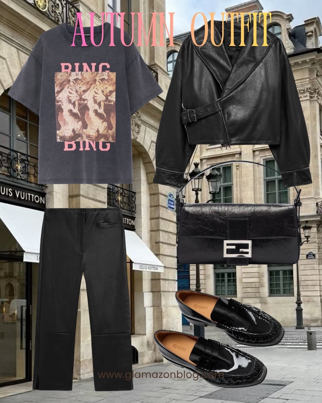 Anine bing tshirt, leather jacket, leather capris, fendi bag, patent loafers, zara leather jacket