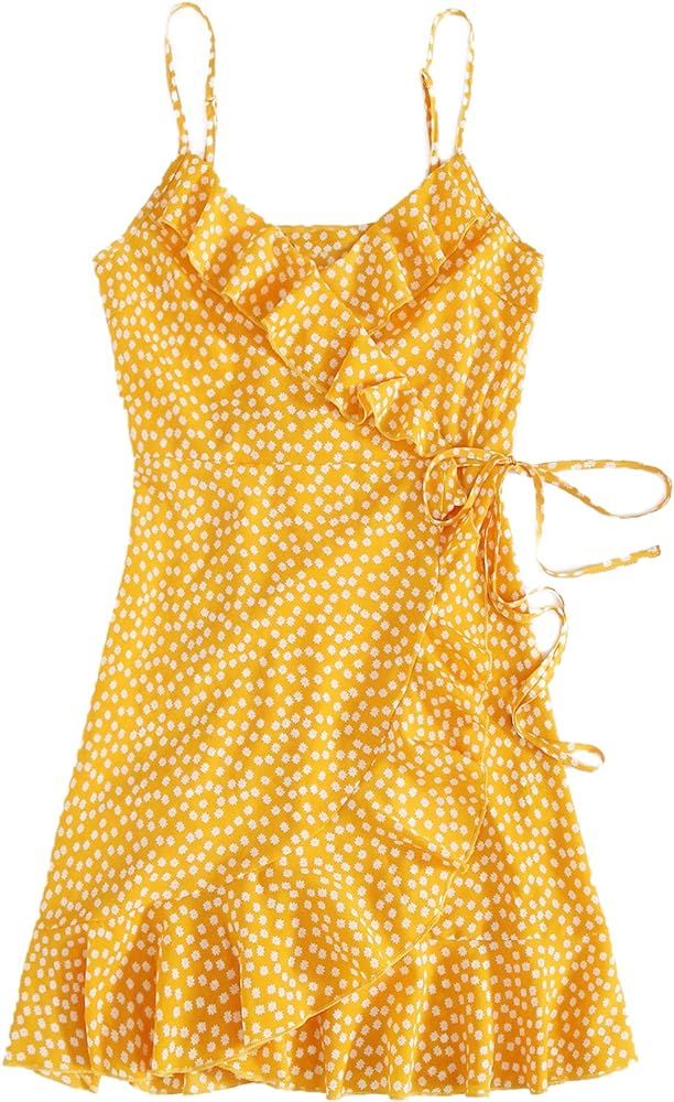 Romwe Women's Boho Floral Sundress Spaghetti Strap V Neck Ruffle Tie Knot Wrap Cami Dress | Amazon (US)