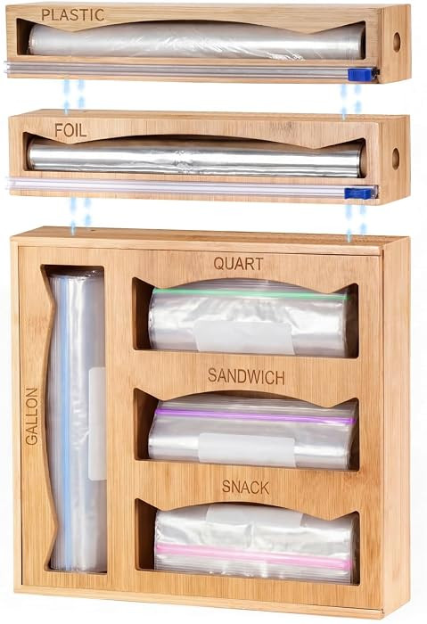 6 in 1 Storage Bag Organizer Kitchen Drawer, Bamboo Foil and Plastic Wrap Dispenser with Slider C... | Amazon (US)