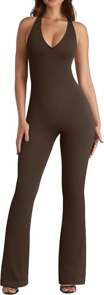 OQQ Jumpsuits for Women Fall Winter Halterneck Sleeveless Lace-Trim Flared Jumpsuit | Amazon (US)