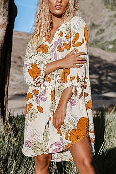 CUPSHE Women Floral Shirt Dress Cover Up Beach Dress 3/4 Sleeve Button Down Midi Length Dress Whi... | Amazon (US)