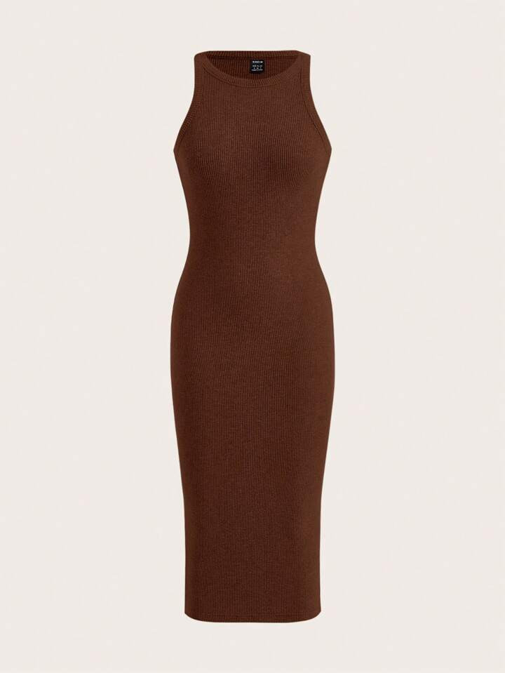 SHEIN EZwear Solid Ribbed Knit Bodycon Dress | SHEIN