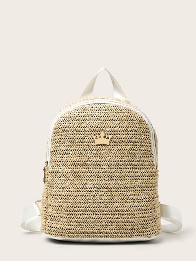 Metal Crown Decor Straw Backpack | SHEIN