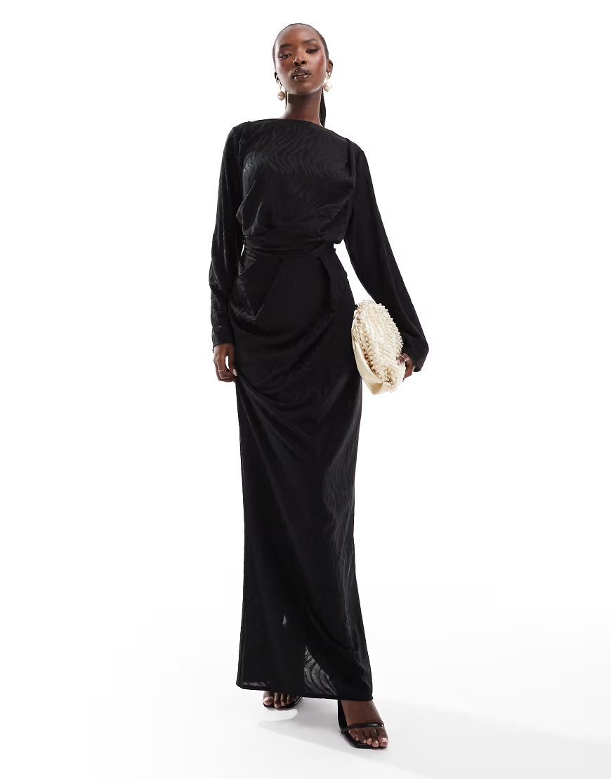 ASOS DESIGN jacquard long sleeve maxi dress in black | ASOS (Global)