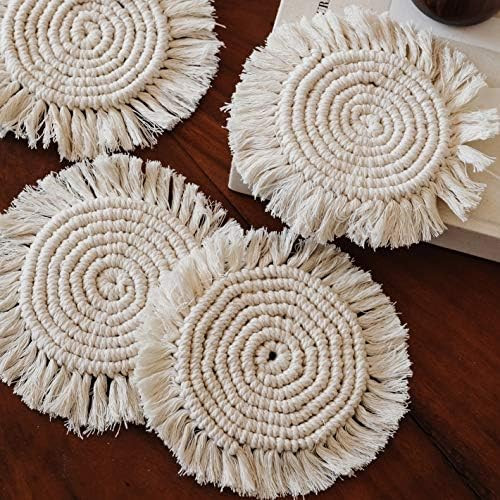 Hygge & Cwtch Handcrafted Macrame Coasters Set of 4 - Handmade Cotton Rope Woven Macrame Coaster wit | Amazon (US)
