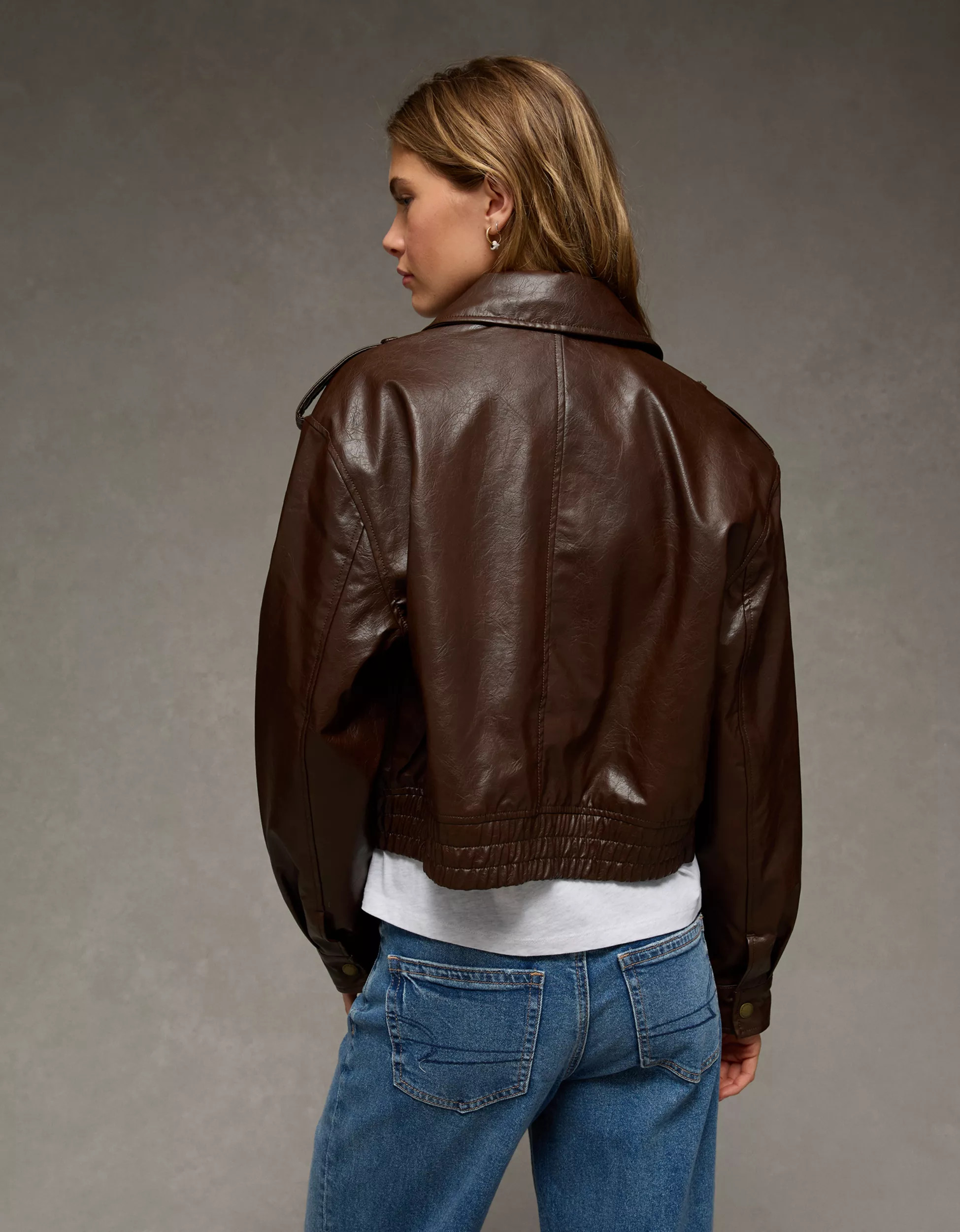 AE Cropped Faux Leather Bomber Jacket | American Eagle Outfitters (US & CA)