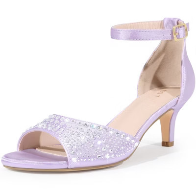 BLISSFUL STEP Women's Rhinestone Ankle Strap Kitten Heel Sandals Purple 8.5 | Target