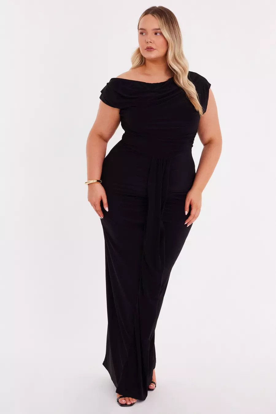 Black Off Shoulder Ruched Maxi Dress | Quiz Clothing