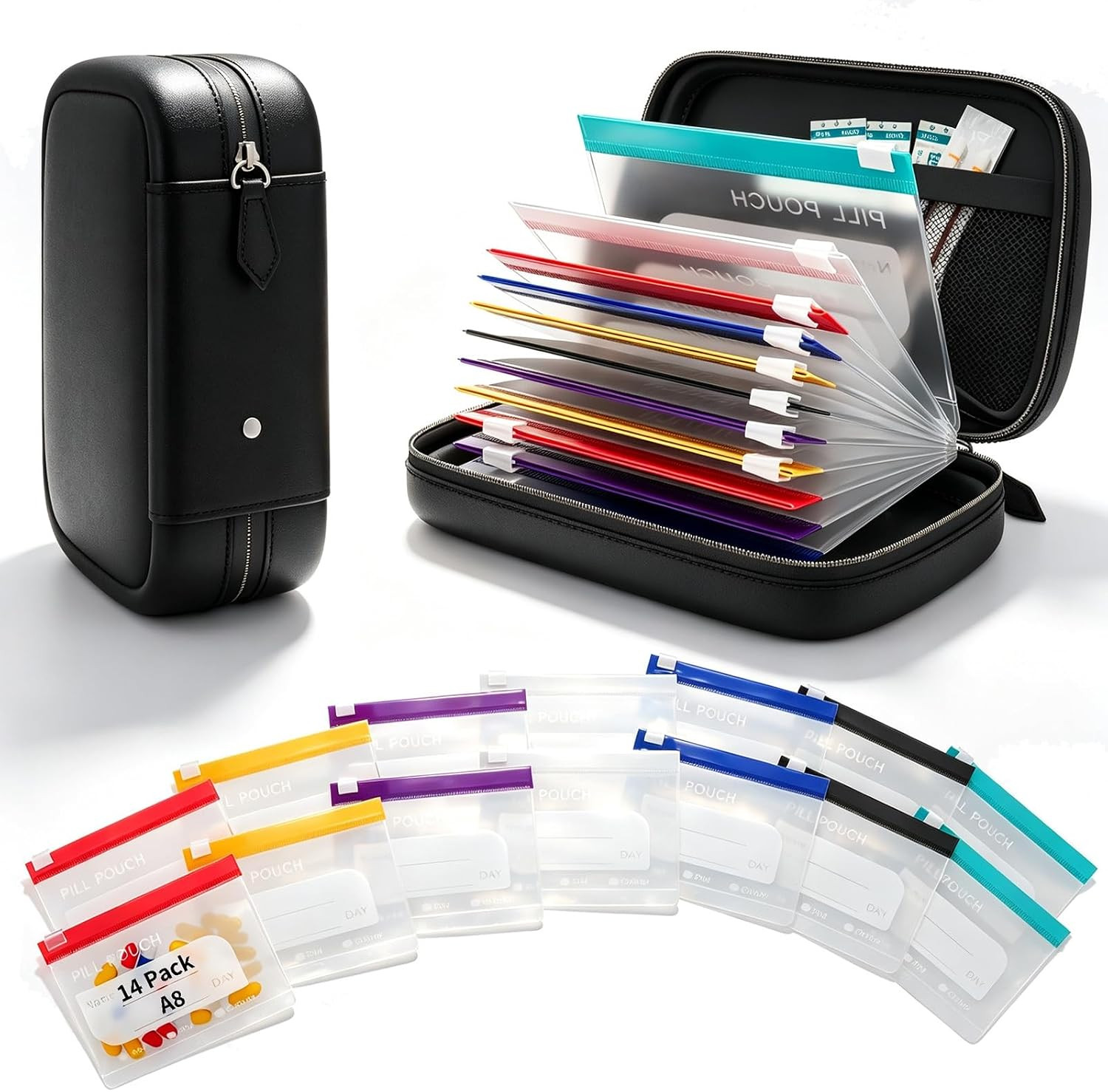 Travel Pill Organizer w 14 Day A8 Self Sealing Medicine Pill Pouch, Black | Amazon (US)
