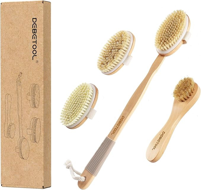 Dry Brushing Set - Natural Boar Bristle Body & Face Brush, Wooden Long Handle Scrub Brush for Cel... | Amazon (US)