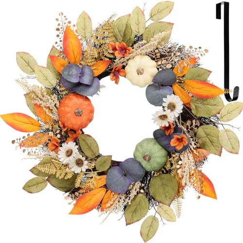Wellsign Fall Decor, 18 Inch Fall Wreaths for Front Door Outside, Autumn Maples Leaf Pumpkin Eucalyptus Wreath Fall Decorations for Home Porch Wall Window Thanksgiving Farmhouse Outdoor Indoor | Amazon (US)