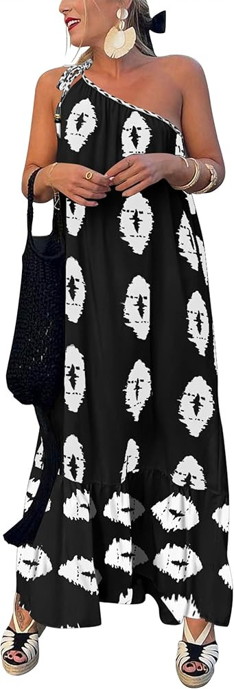 PRETTYGARDEN Women's Summer One Shoulder Maxi Dresses Printed Flowy Boho Beach Vacation Long Sund... | Amazon (US)